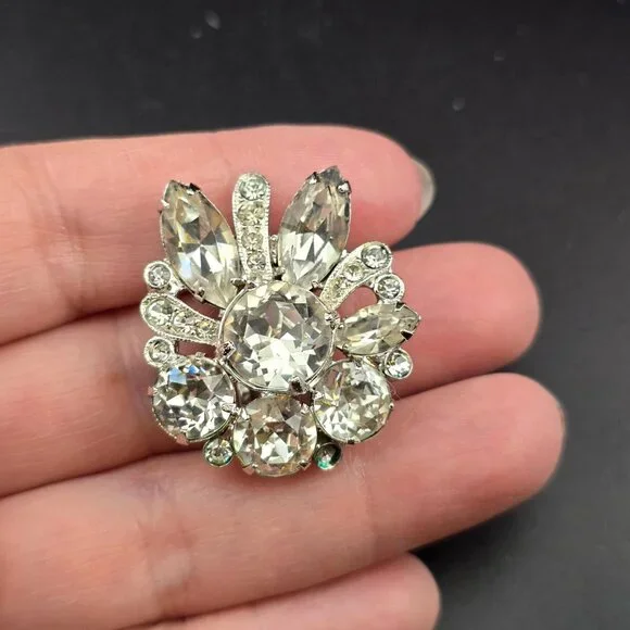 Eisenberg Vintage Rhinestone Clip-On Earrings  Floral Silver-Tone Statement READ - Picture 2 of 11